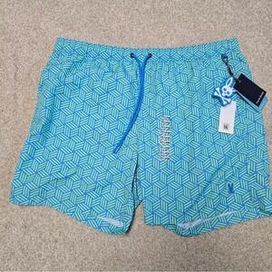 Psycho BunnyJasper Printed Drawstring 6" Swim Trunks Green/Blue sz XXL NWT